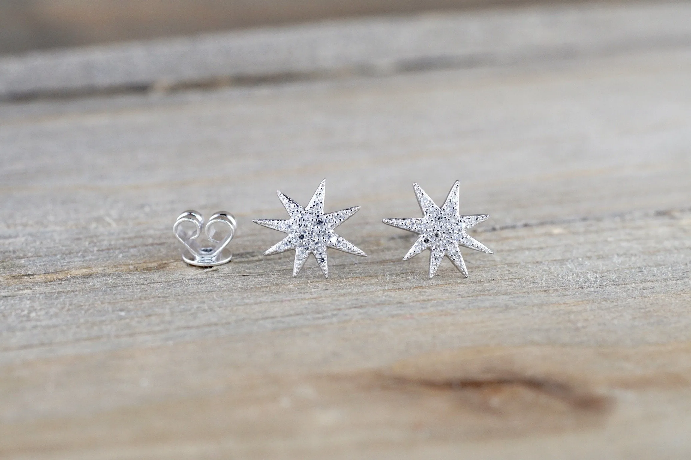 14k Solid Gold North Star Earring Studs Starburst White Rose