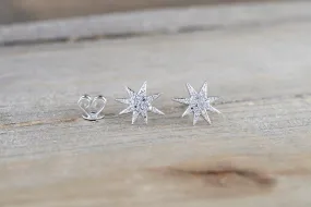 14k Solid Gold North Star Earring Studs Starburst White Rose