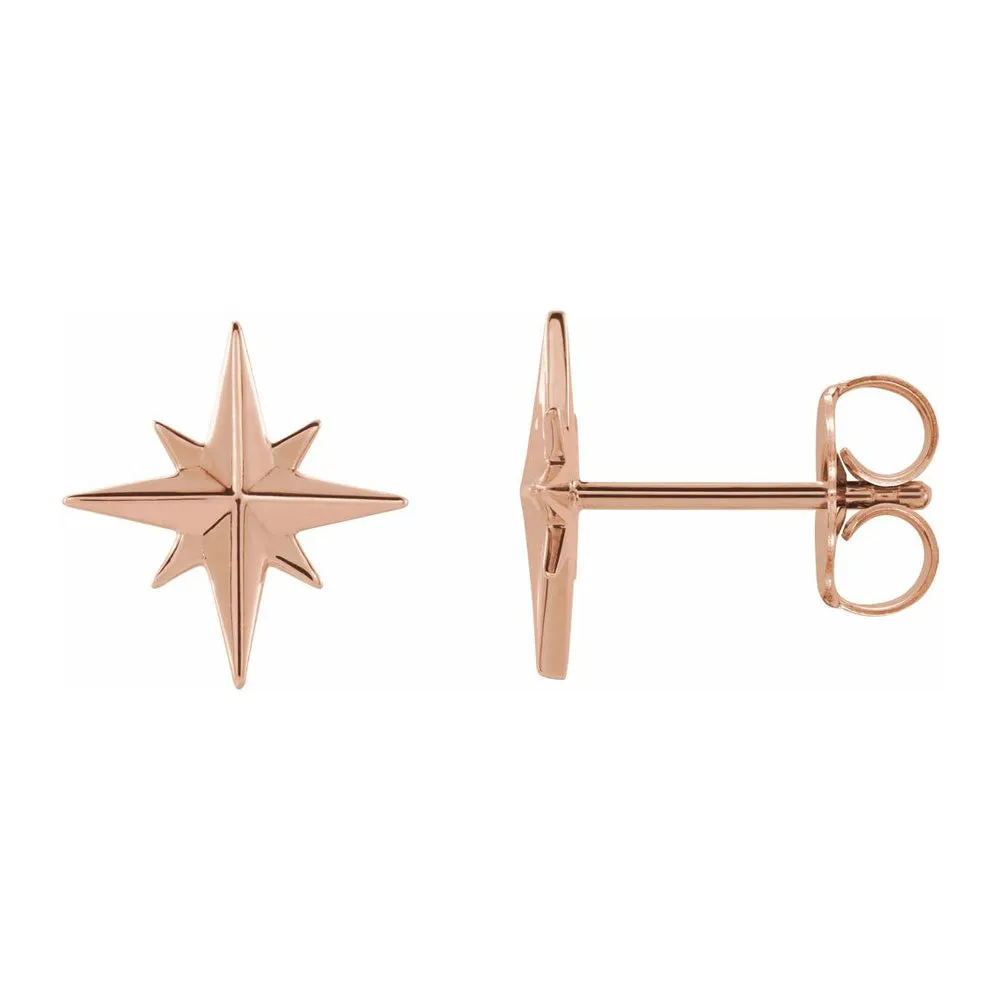 14K Yellow, White or Rose Gold North Star Post Earrings 9.5mm (3/8 In)