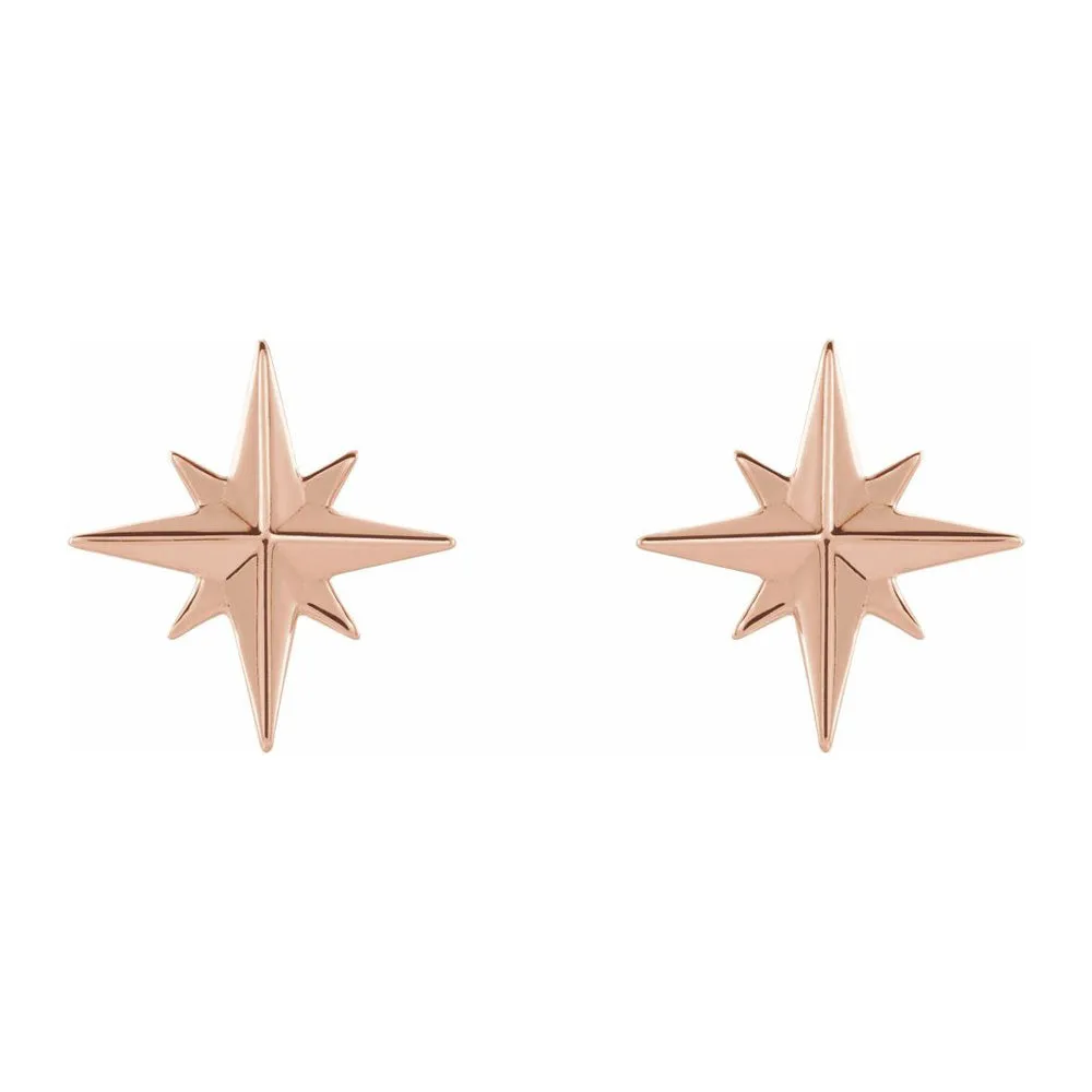 14K Yellow, White or Rose Gold North Star Post Earrings 9.5mm (3/8 In)