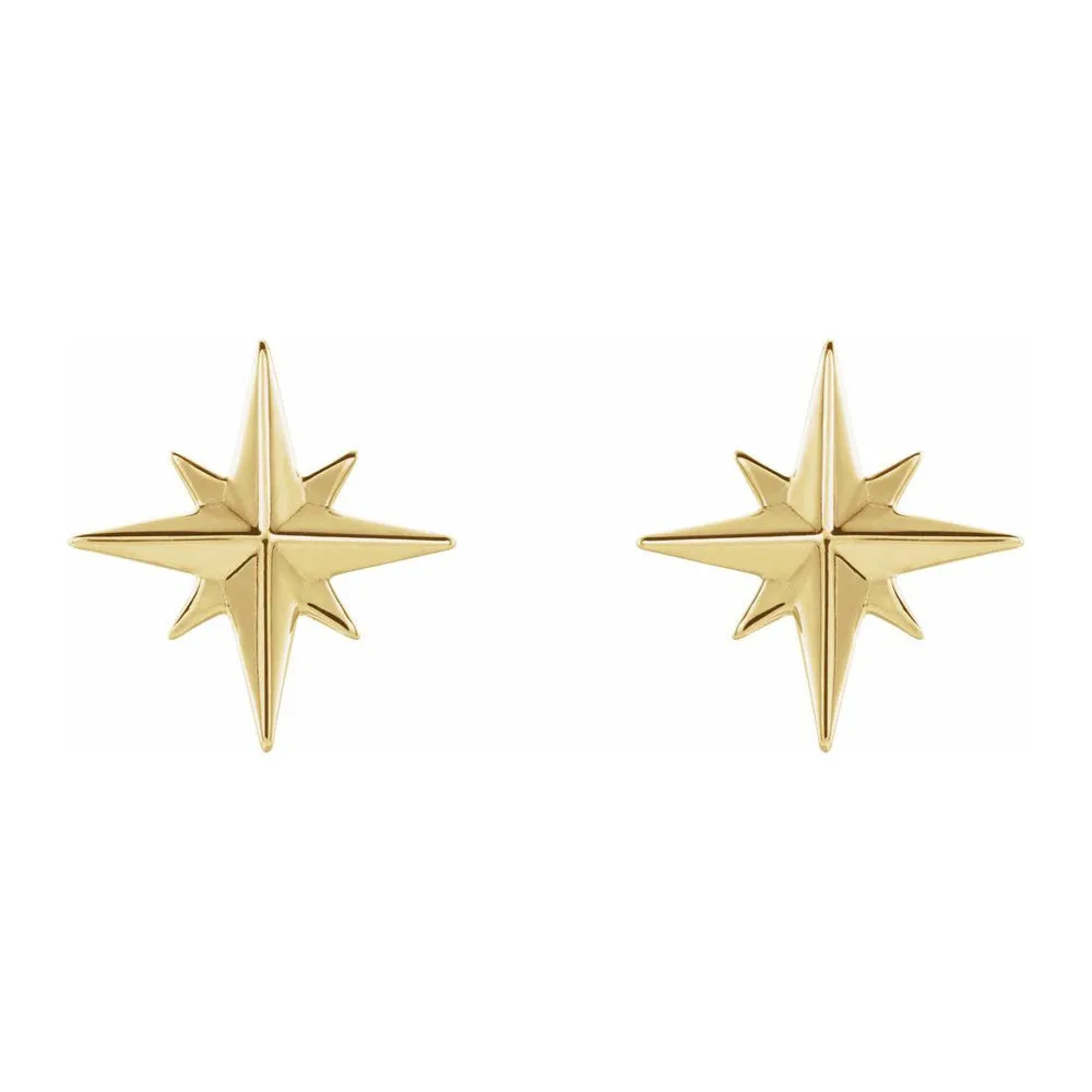 14K Yellow, White or Rose Gold North Star Post Earrings 9.5mm (3/8 In)