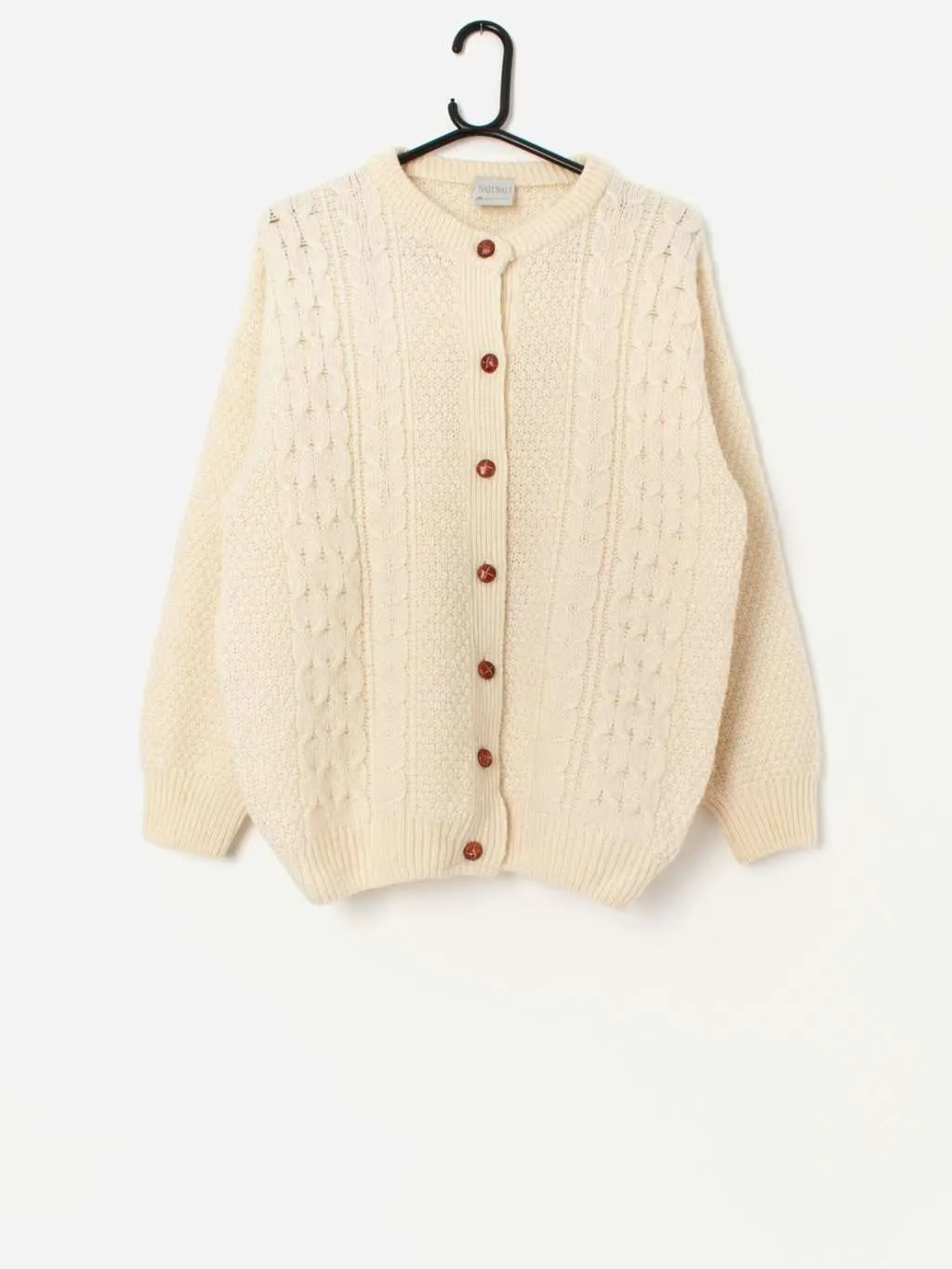 90s vintage Naturals wool cable knit cardigan in cream – Large