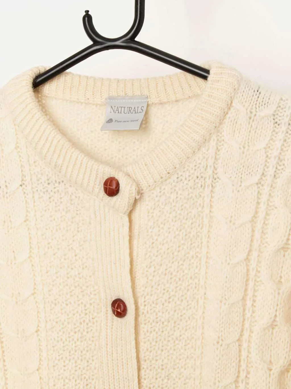 90s vintage Naturals wool cable knit cardigan in cream – Large