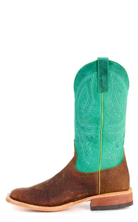 Anderson Bean Men's Tan Boar and Turquoise Wide Square Toe Cowboy Boots