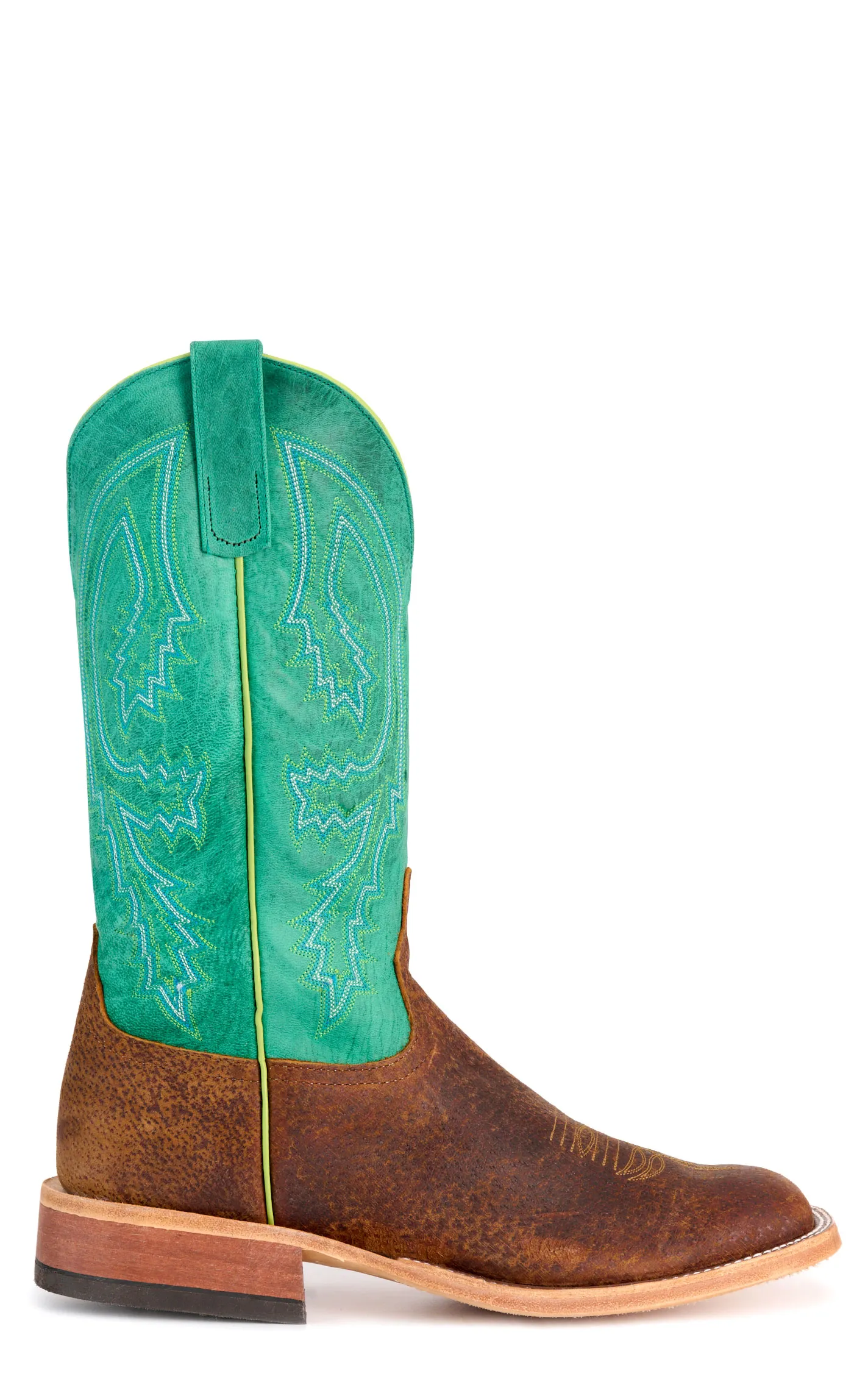 Anderson Bean Men's Tan Boar and Turquoise Wide Square Toe Cowboy Boots