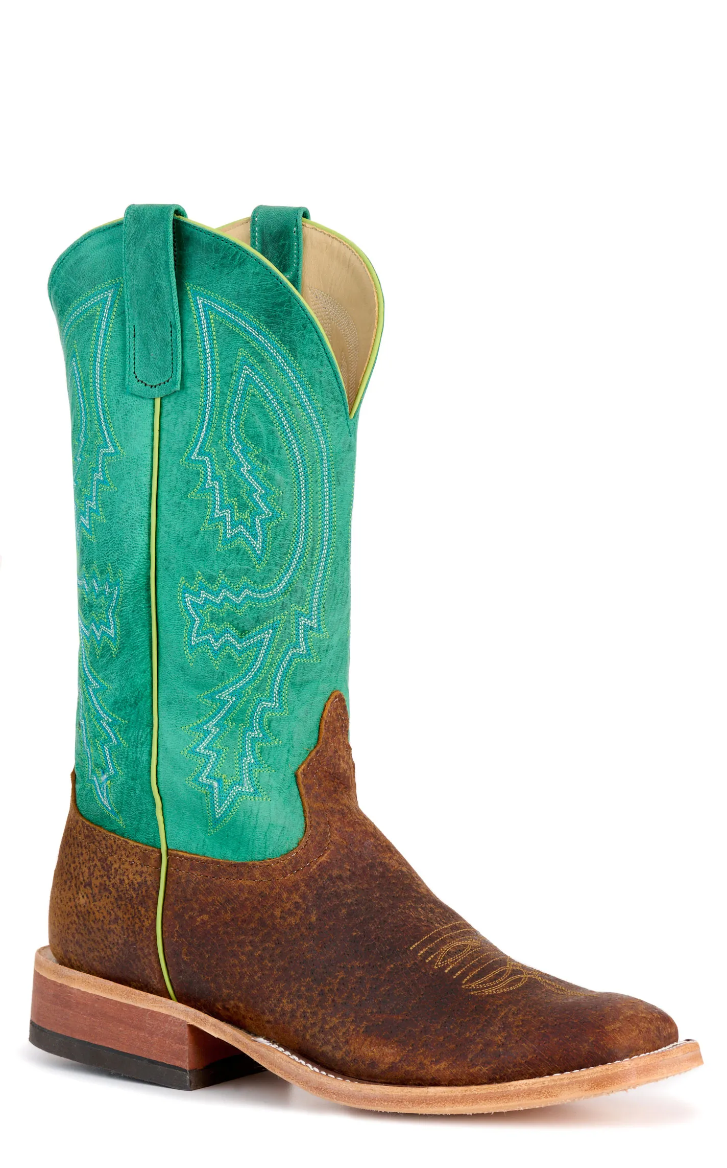 Anderson Bean Men's Tan Boar and Turquoise Wide Square Toe Cowboy Boots