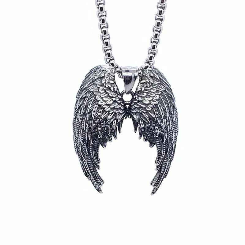 Big Stainless Steel Viking Angel Wings Pendant Necklace