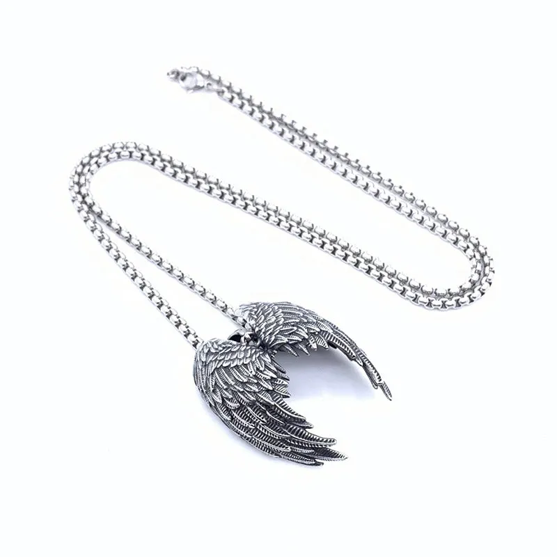 Big Stainless Steel Viking Angel Wings Pendant Necklace