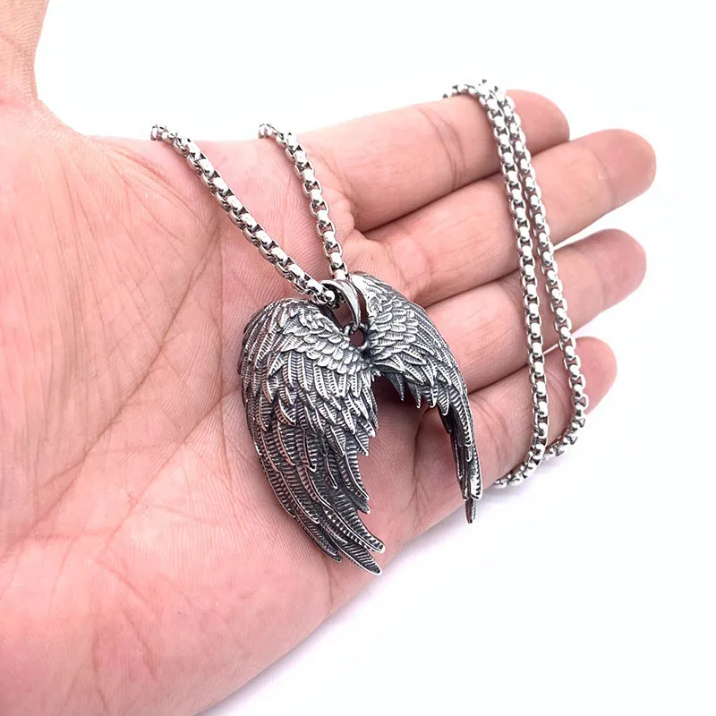 Big Stainless Steel Viking Angel Wings Pendant Necklace