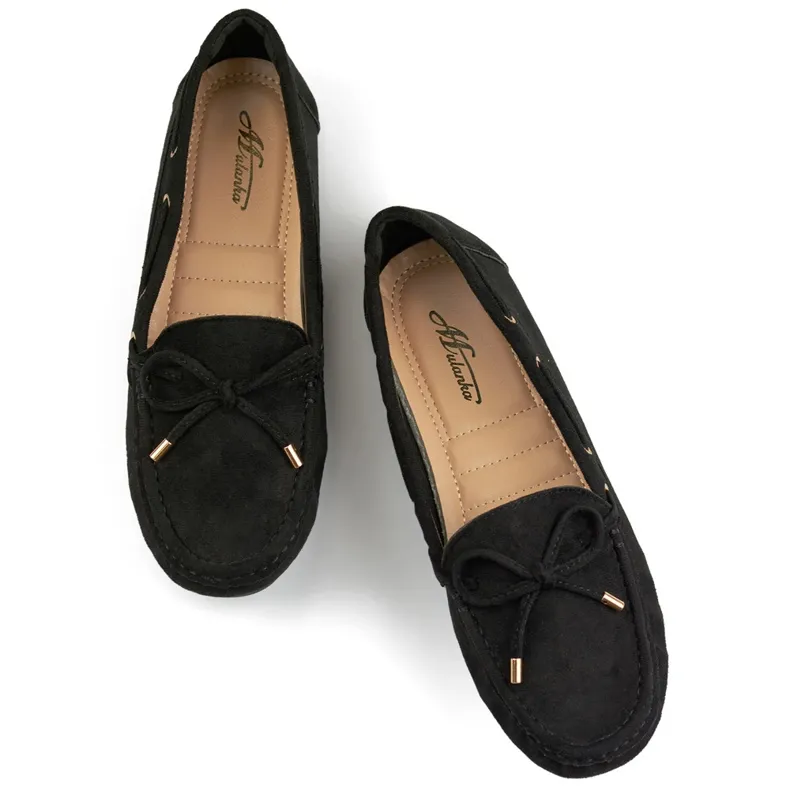 Black casual women's moccasins, suede, comfortable women's moccasins