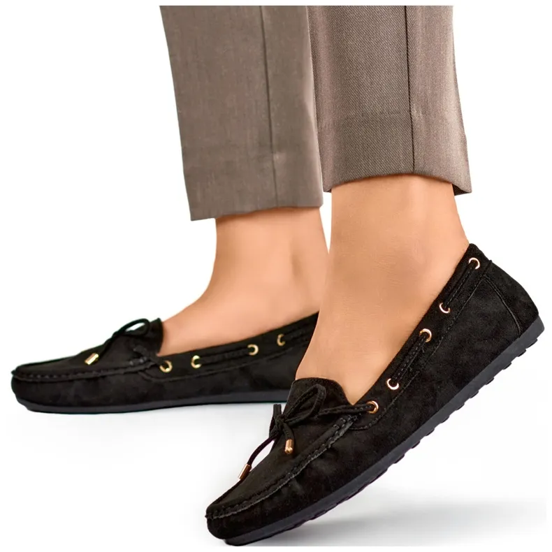 Black casual women's moccasins, suede, comfortable women's moccasins