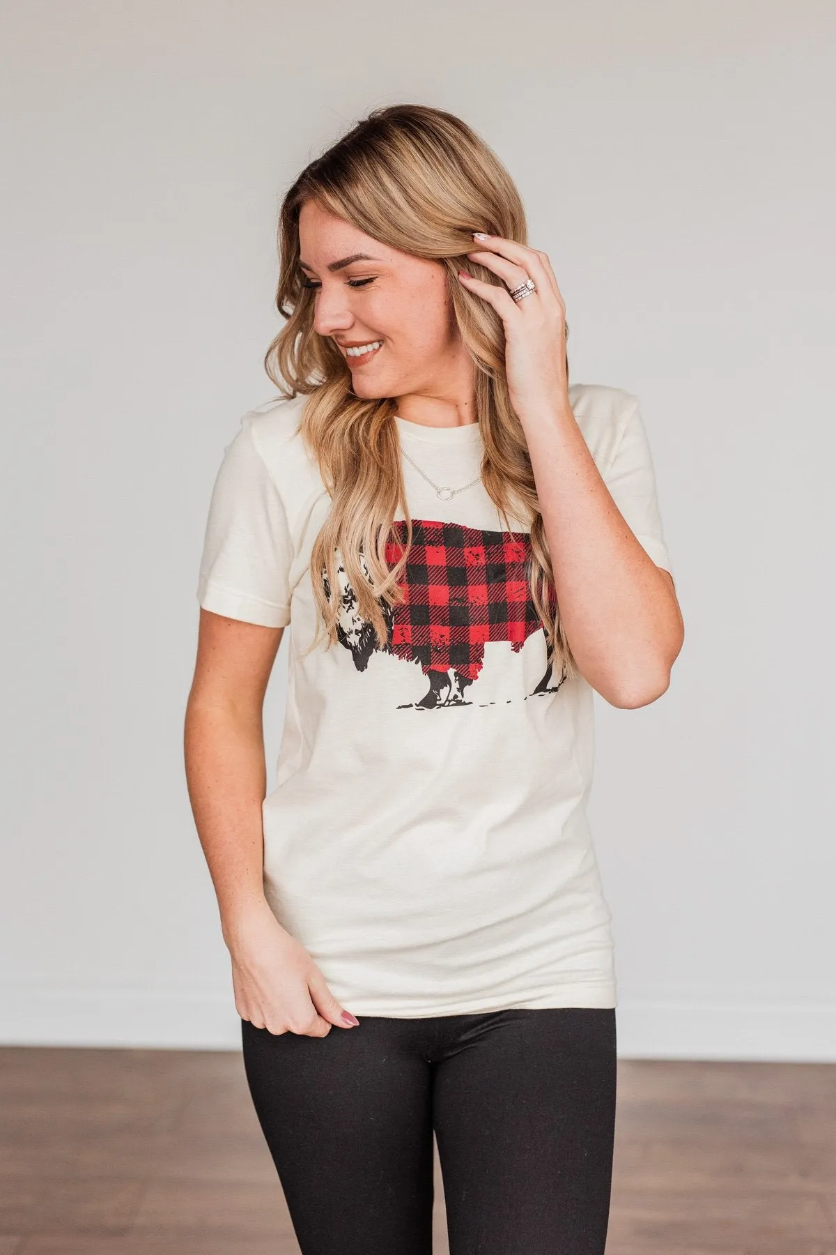 Buffalo Wearing Buffalo Plaid Graphic Tee- Cream