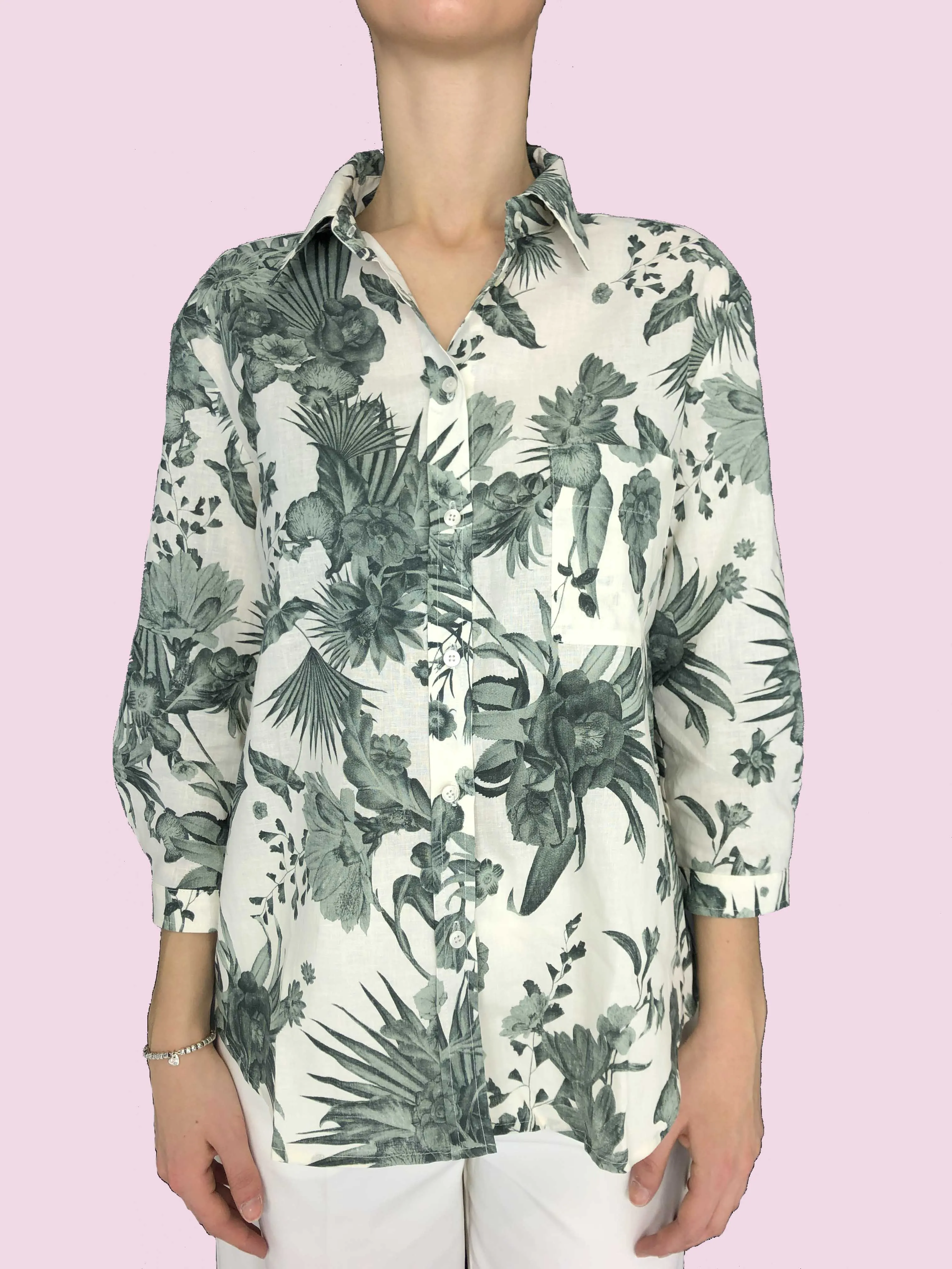 CAMICIA BIANCA CON FANTASIA FLOREALE VERDE MISTO LINO