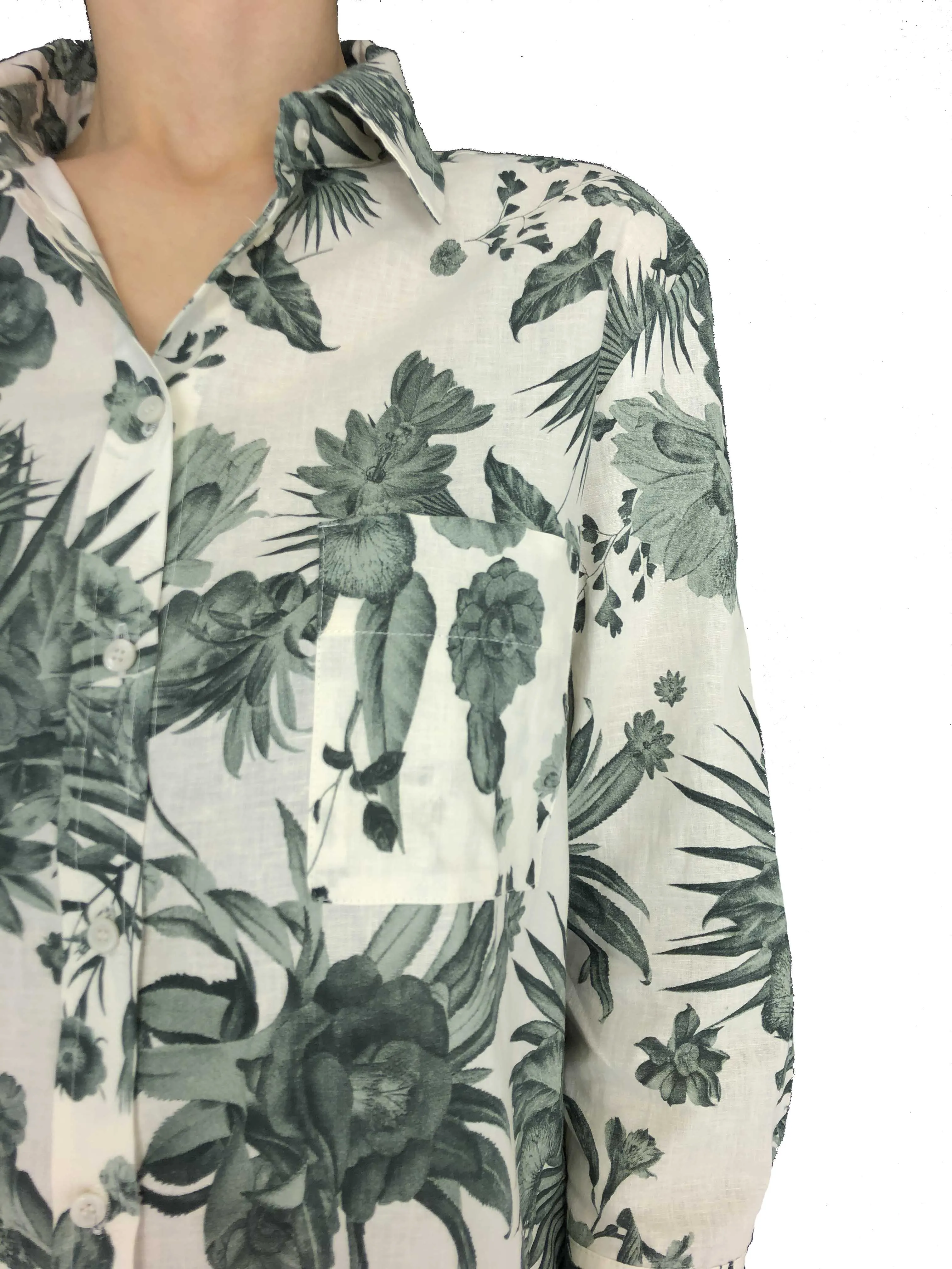 CAMICIA BIANCA CON FANTASIA FLOREALE VERDE MISTO LINO