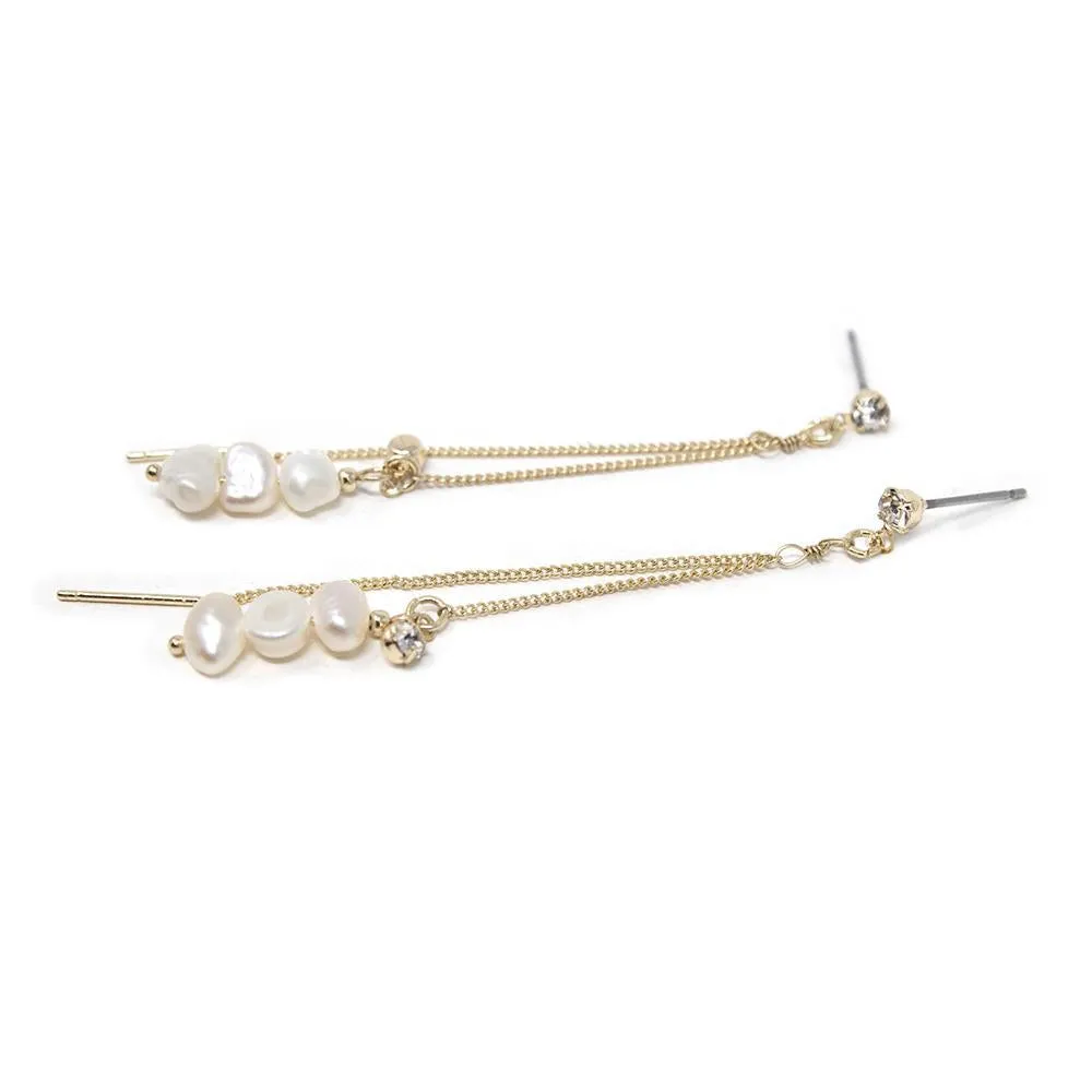 CZ and Pearl Double Strand Drop Earrings Gold T