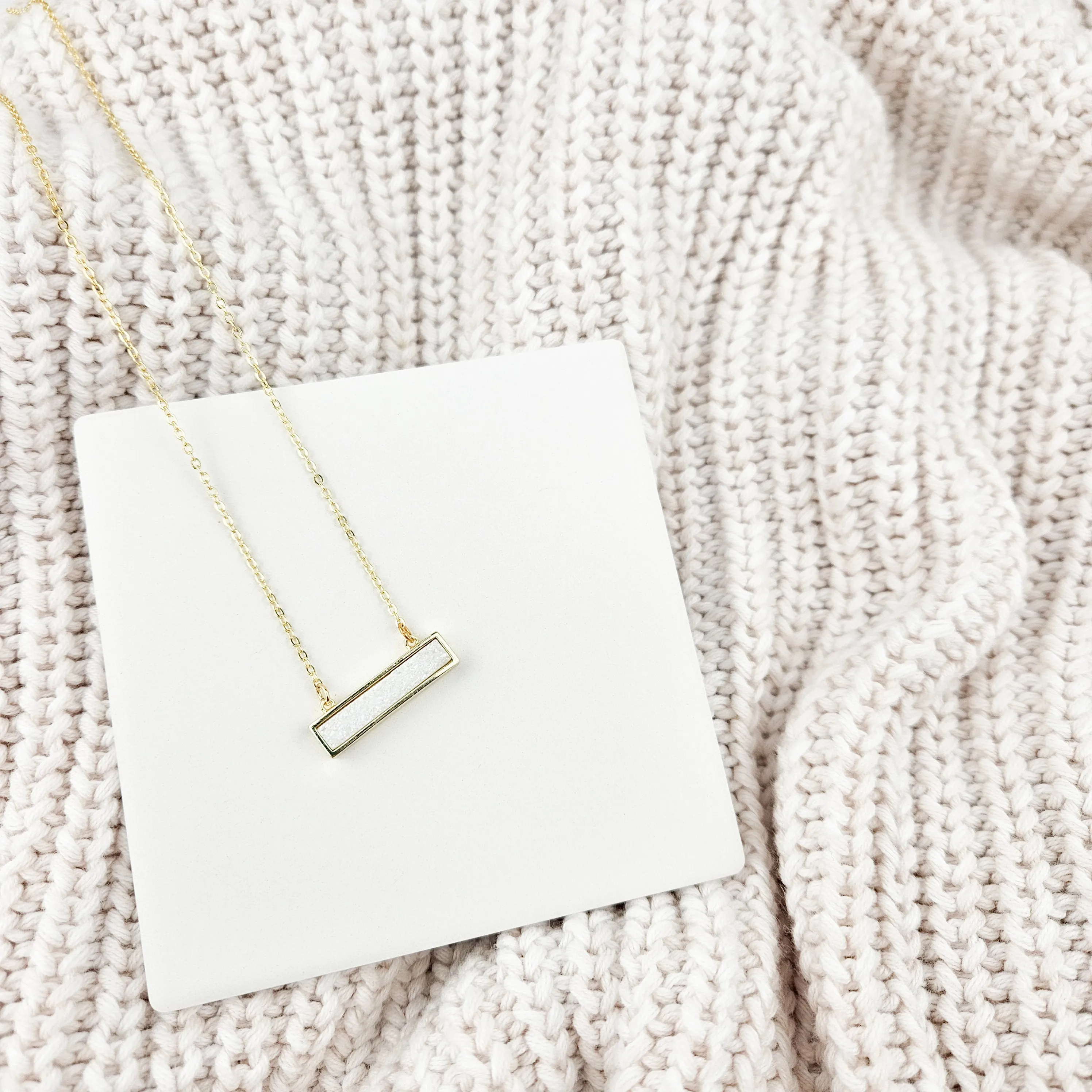 Dainty White Druzy Bar Gold Necklace