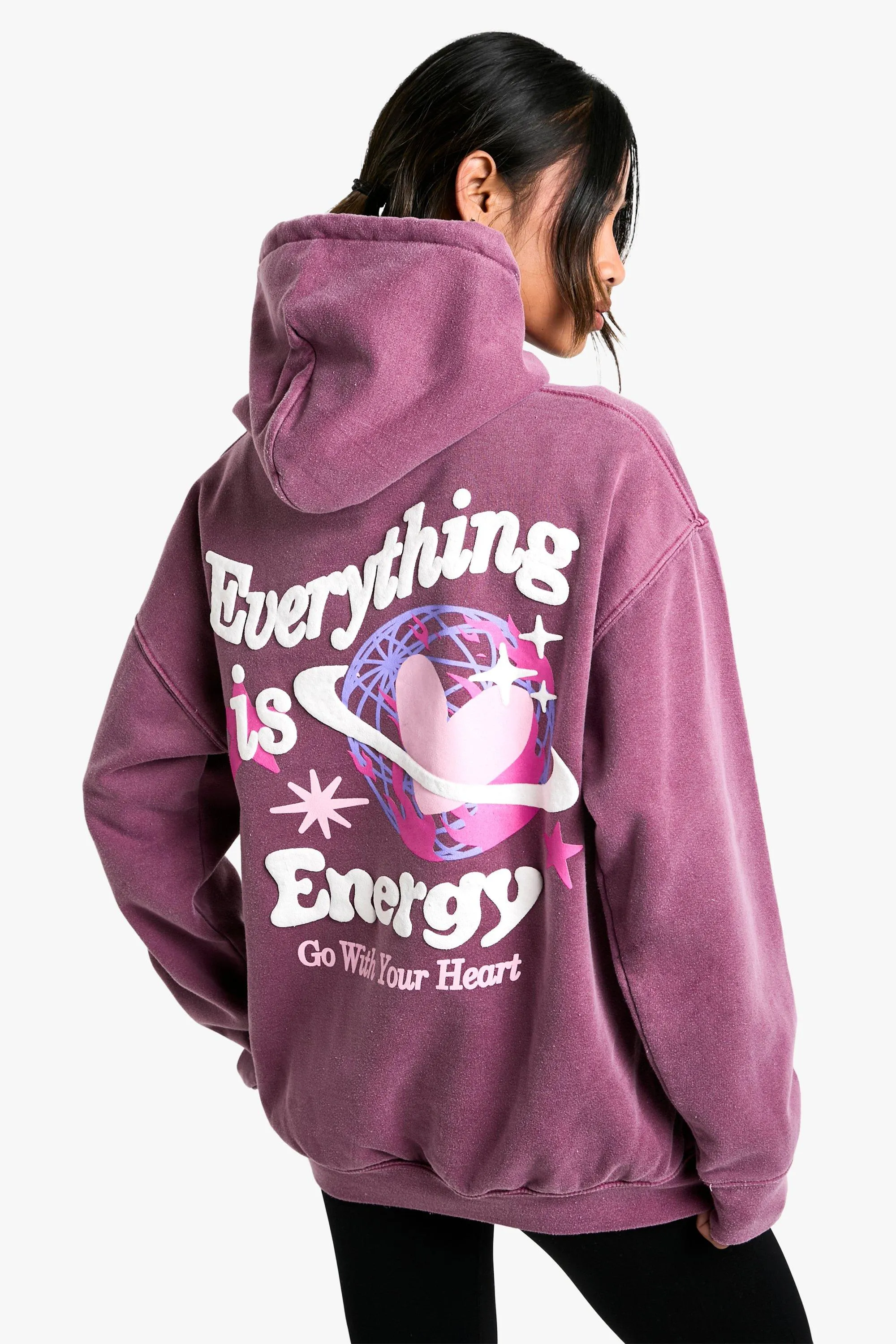 Everything Is Energy Puff Print Overdyed Oversized Hoodie