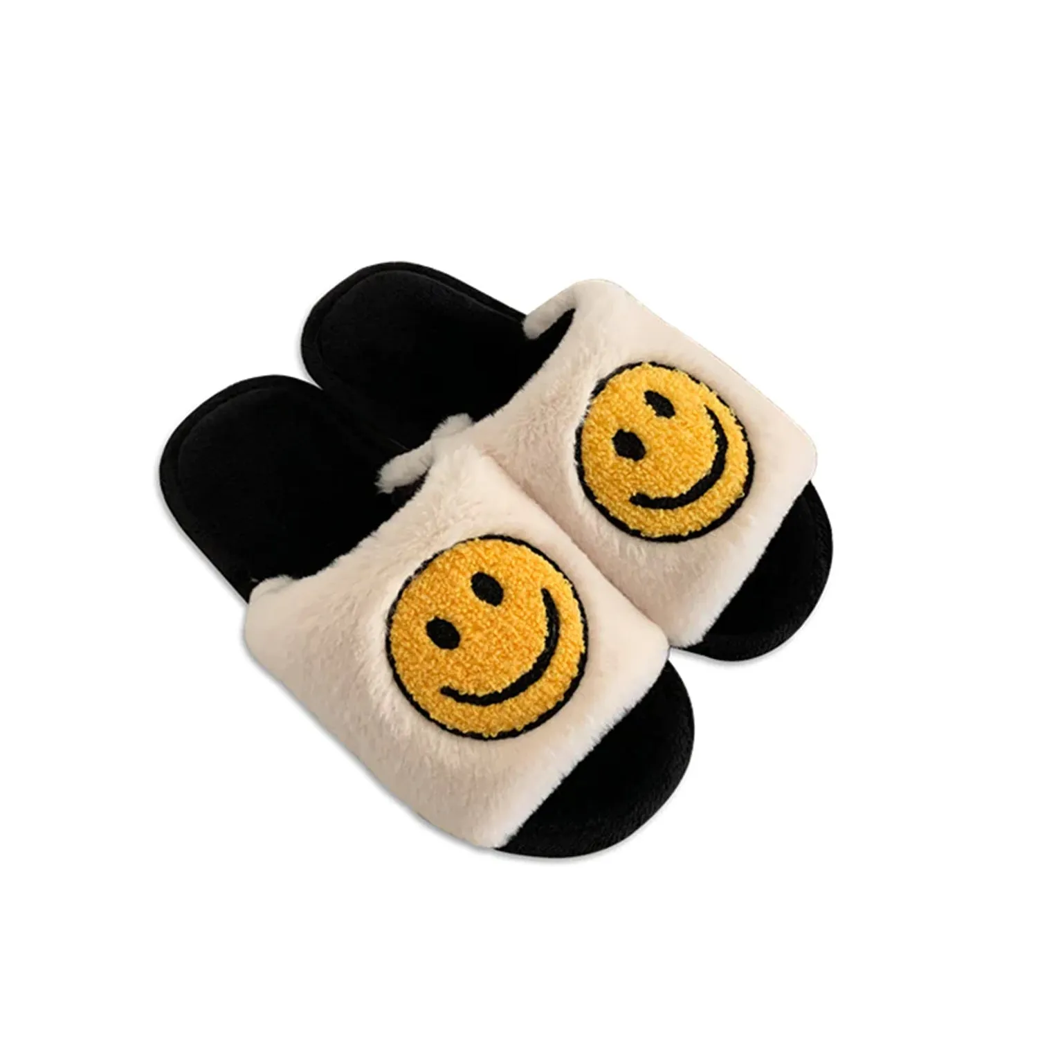 FLOOF Open Toe Fluffy Smile Slippers in Black & White