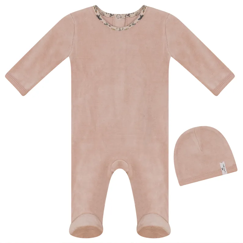 Fragile Blush Floral Trim Velour Stretchie and Beanie