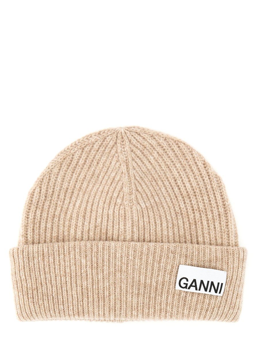 GANNI    CAPPELLO BEANIE A COSTE IN LANA CON LOGO