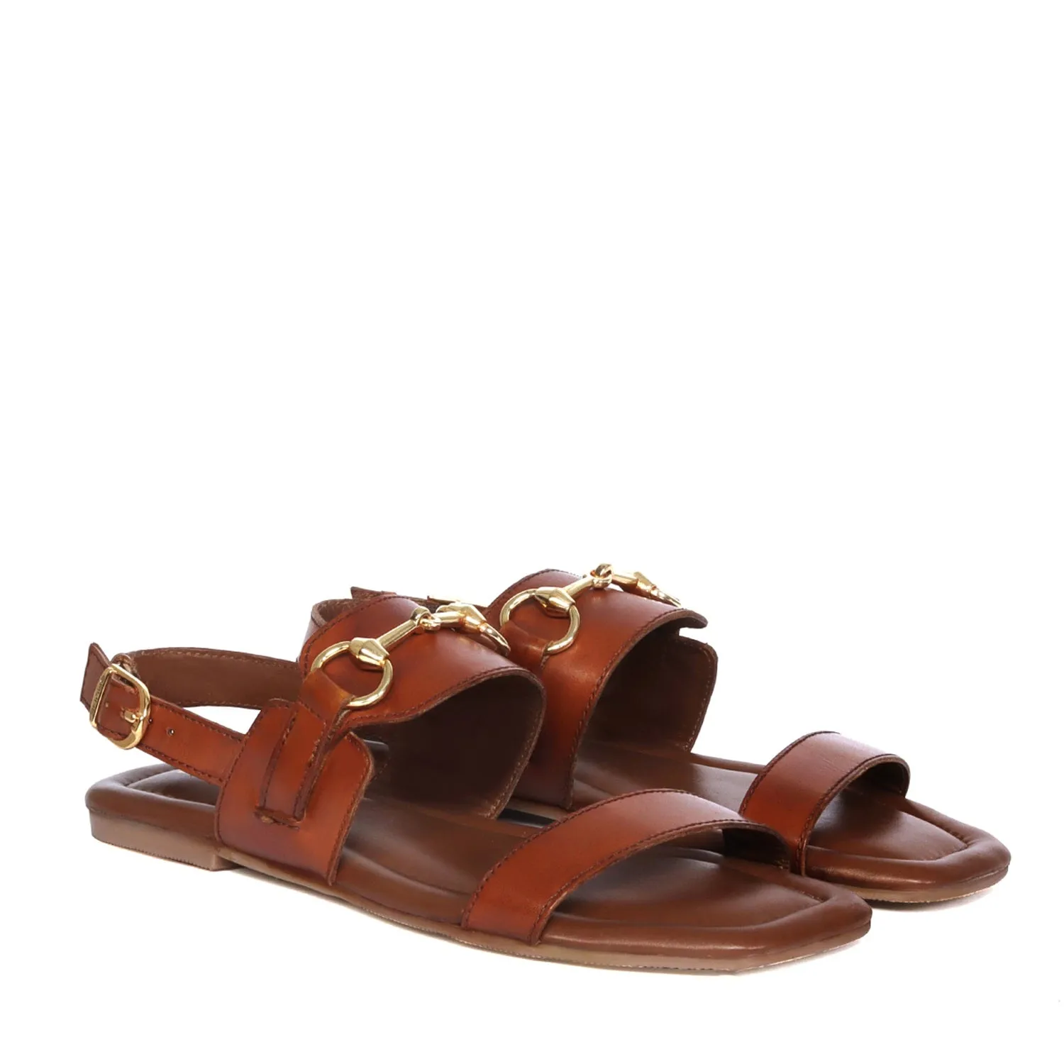 Horse-Bit Buckle Strap Tan Genuine Leather Ladies Sandal/Slippers