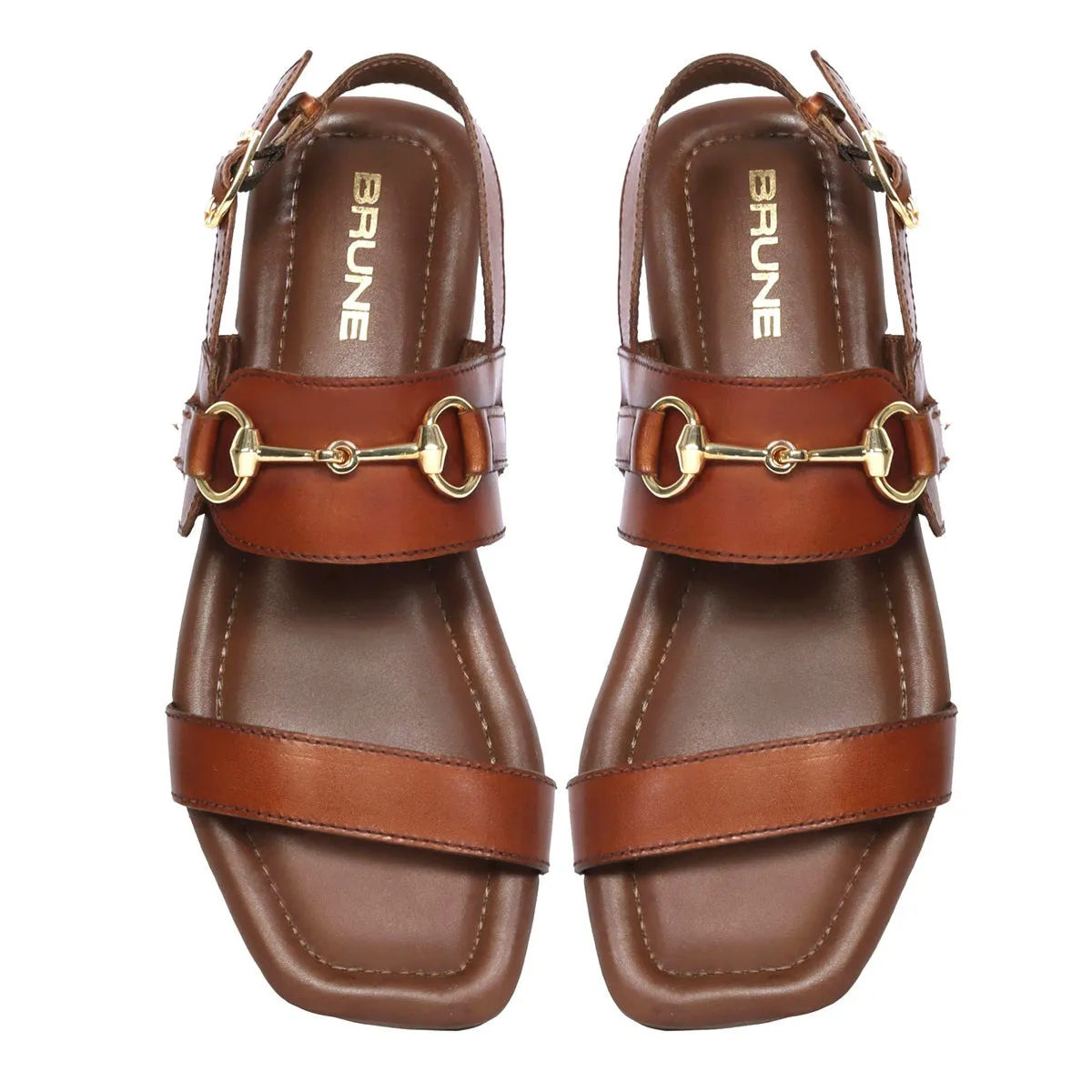 Horse-Bit Buckle Strap Tan Genuine Leather Ladies Sandal/Slippers