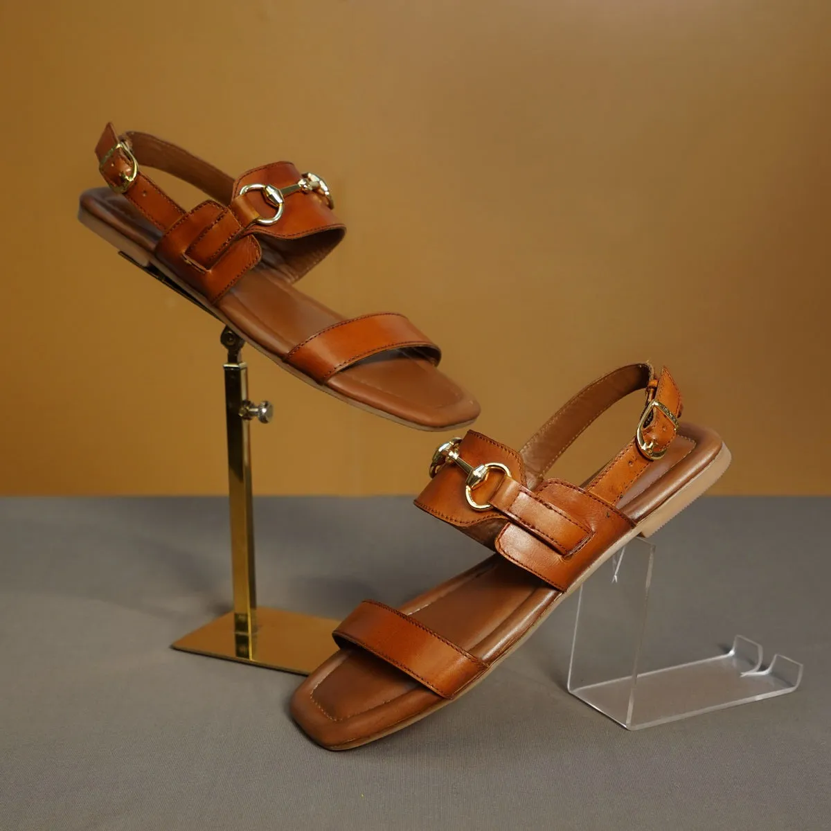 Horse-Bit Buckle Strap Tan Genuine Leather Ladies Sandal/Slippers