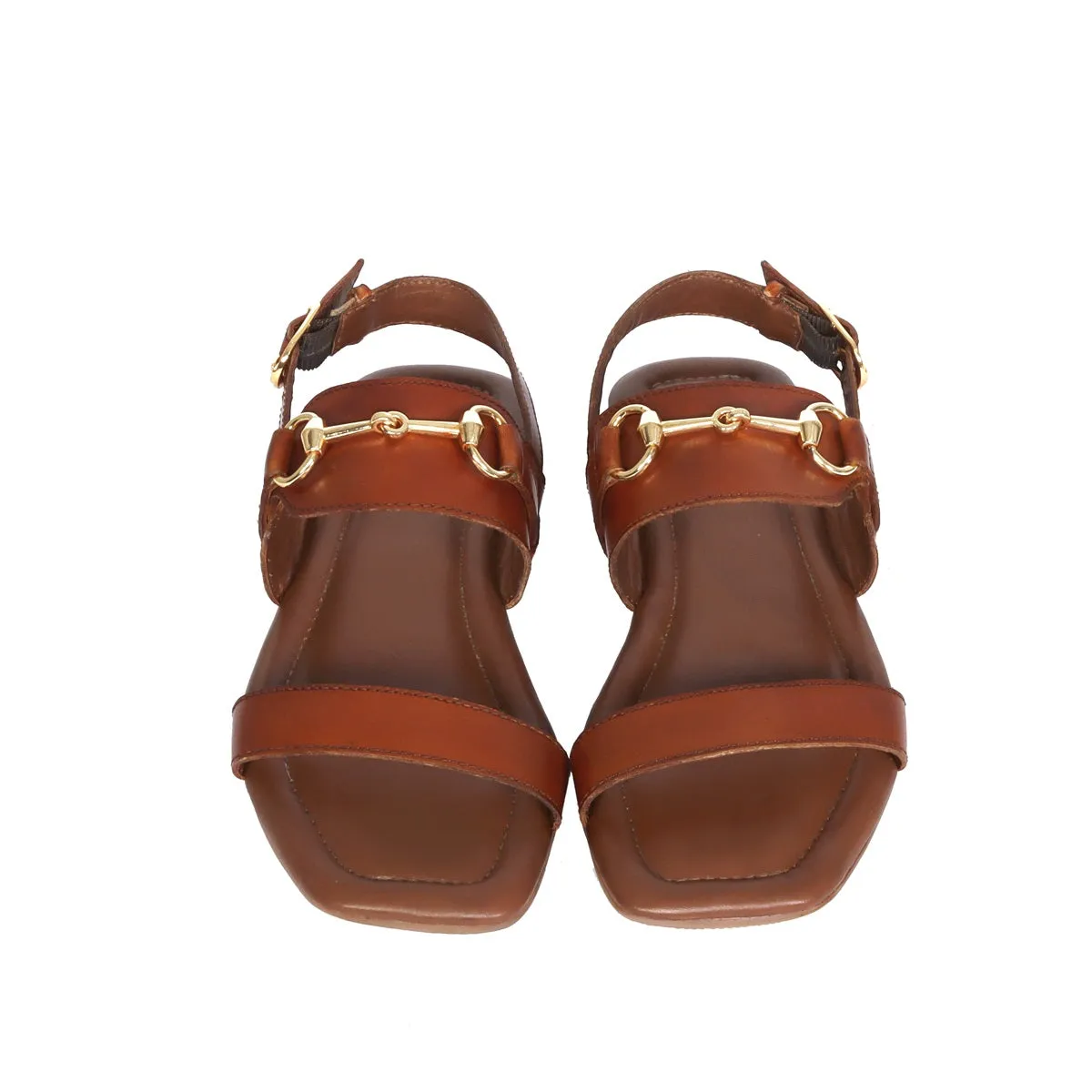 Horse-Bit Buckle Strap Tan Genuine Leather Ladies Sandal/Slippers