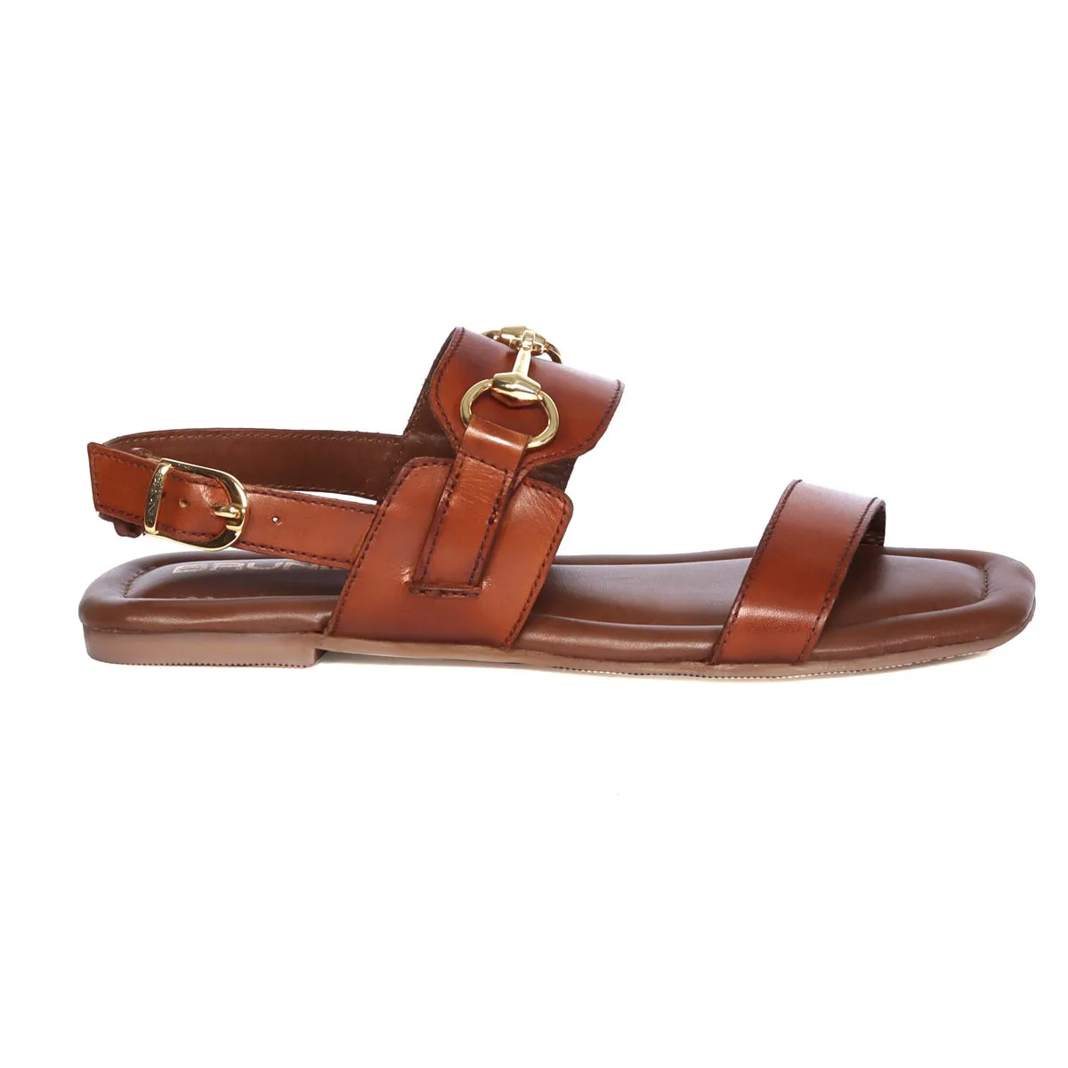 Horse-Bit Buckle Strap Tan Genuine Leather Ladies Sandal/Slippers