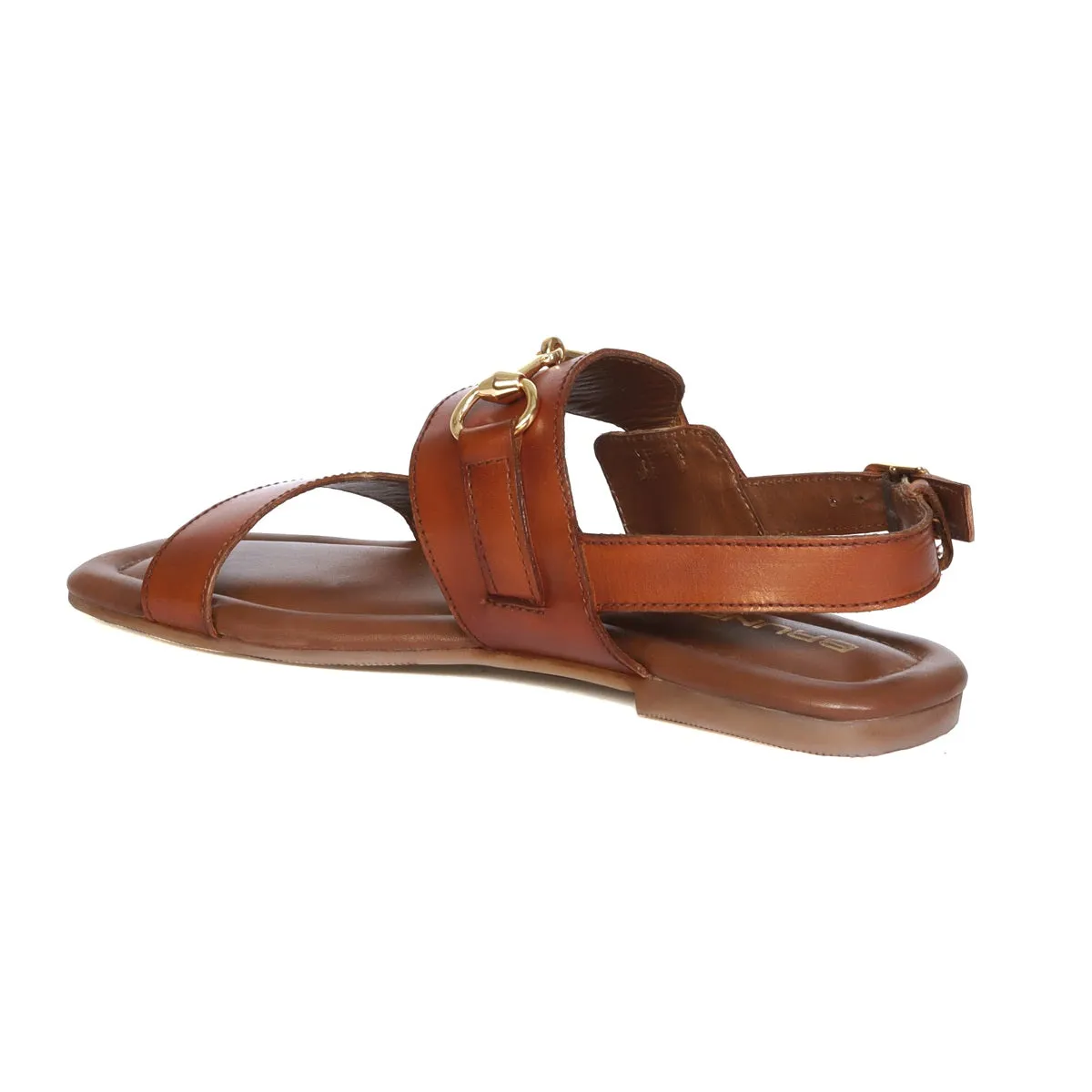 Horse-Bit Buckle Strap Tan Genuine Leather Ladies Sandal/Slippers