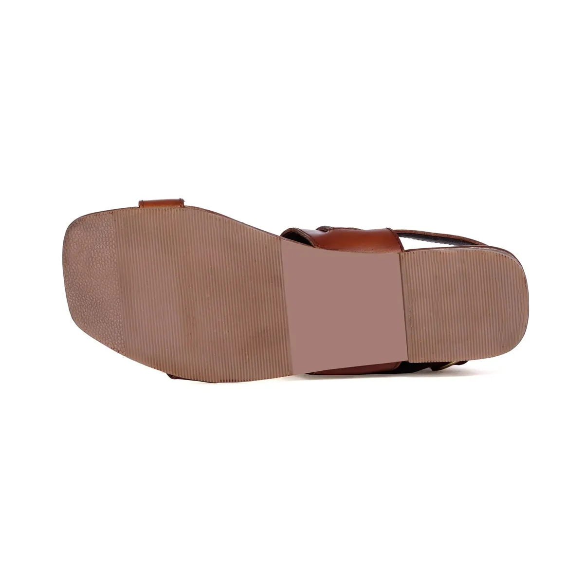 Horse-Bit Buckle Strap Tan Genuine Leather Ladies Sandal/Slippers