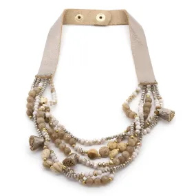 Khaki Five Row Beaded Necklace With Tassels