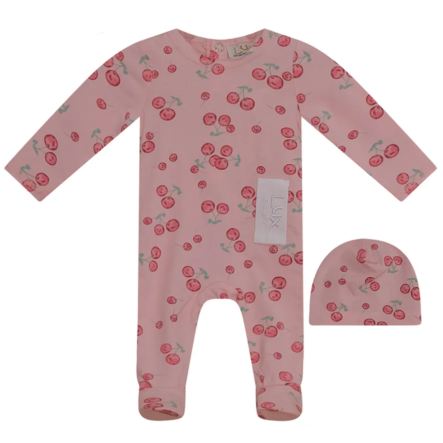 Lux Pink Cherry Printed Stretchie and Beanie