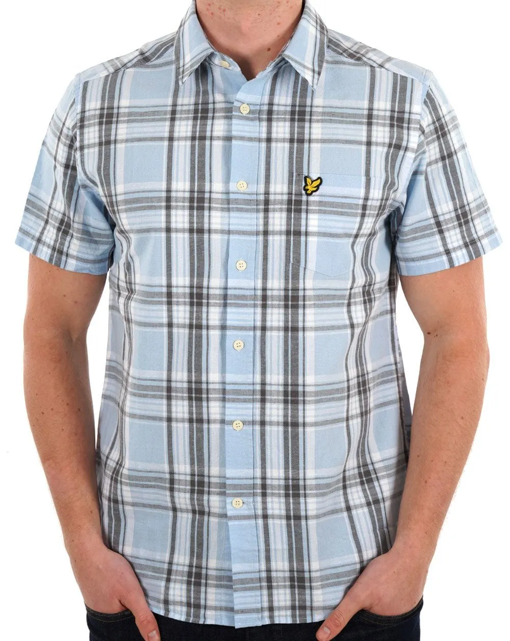 Lyle & Scott Linen Check Short Sleeve Shirt Light Blue