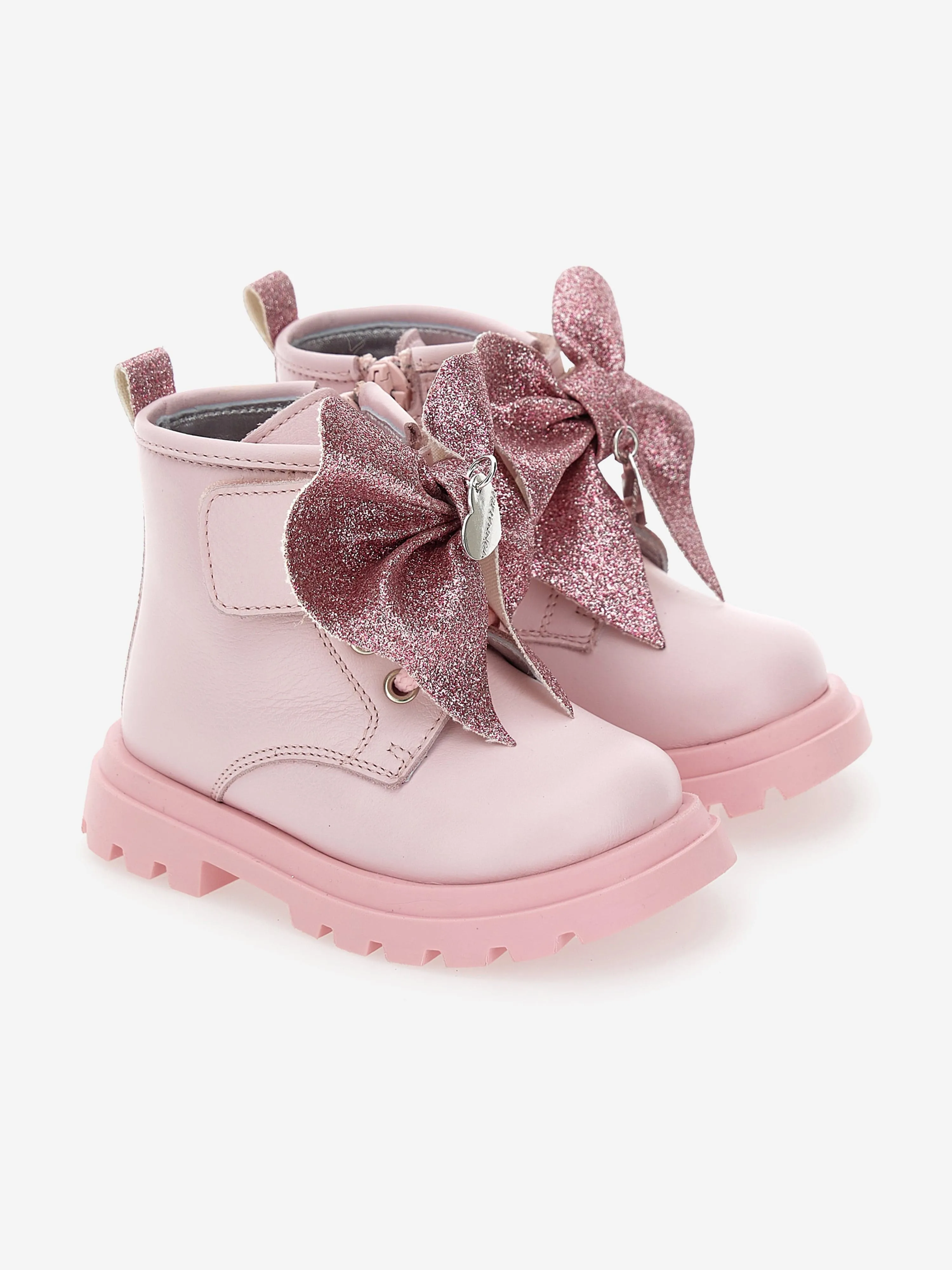 Monnalisa Girls Leather Glitter Bow Boots in Pink