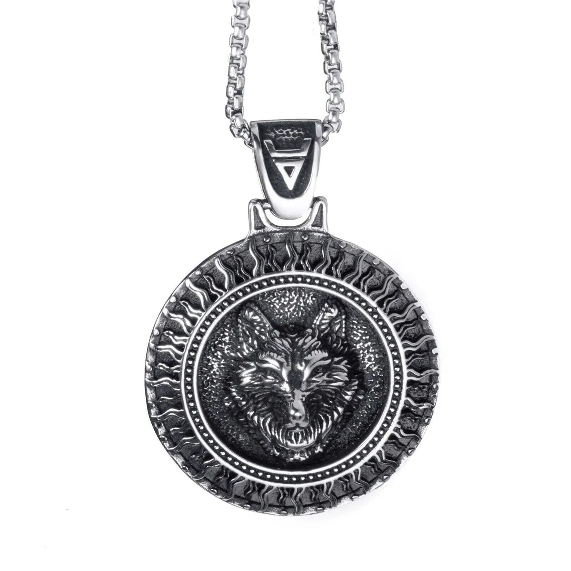 Nordic Viking Wolf Medallion Stainless Steel Pendant Necklace