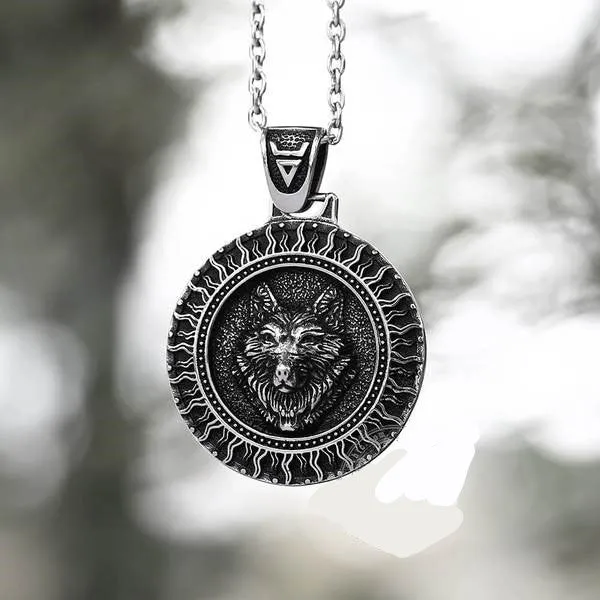 Nordic Viking Wolf Medallion Stainless Steel Pendant Necklace