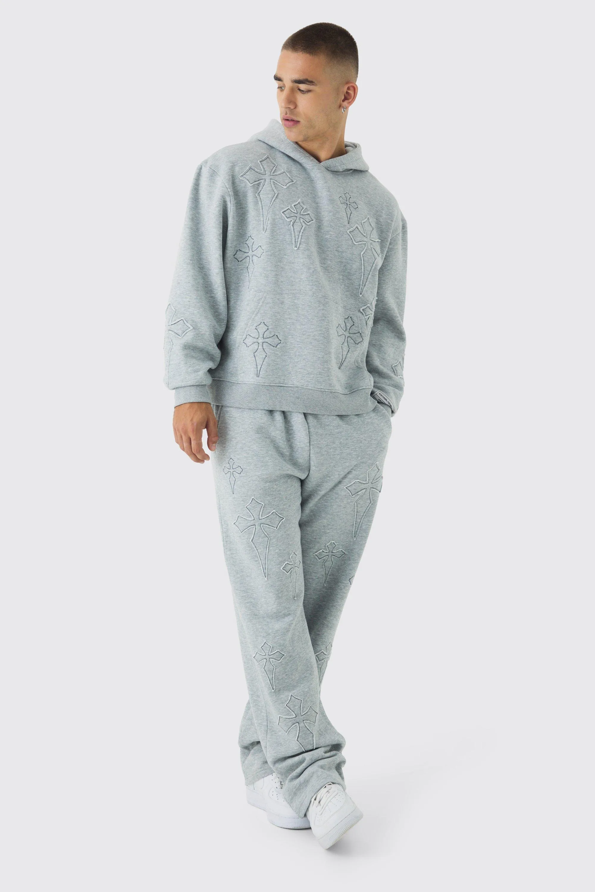 Oversized Boxy Cross Applique Hoodie And Relaxed Jogger Tracksuit