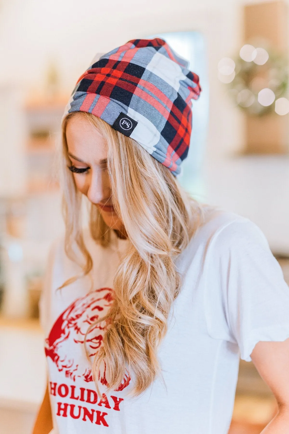 Peek-a-Boo Plaid Beanie- Red & Blue