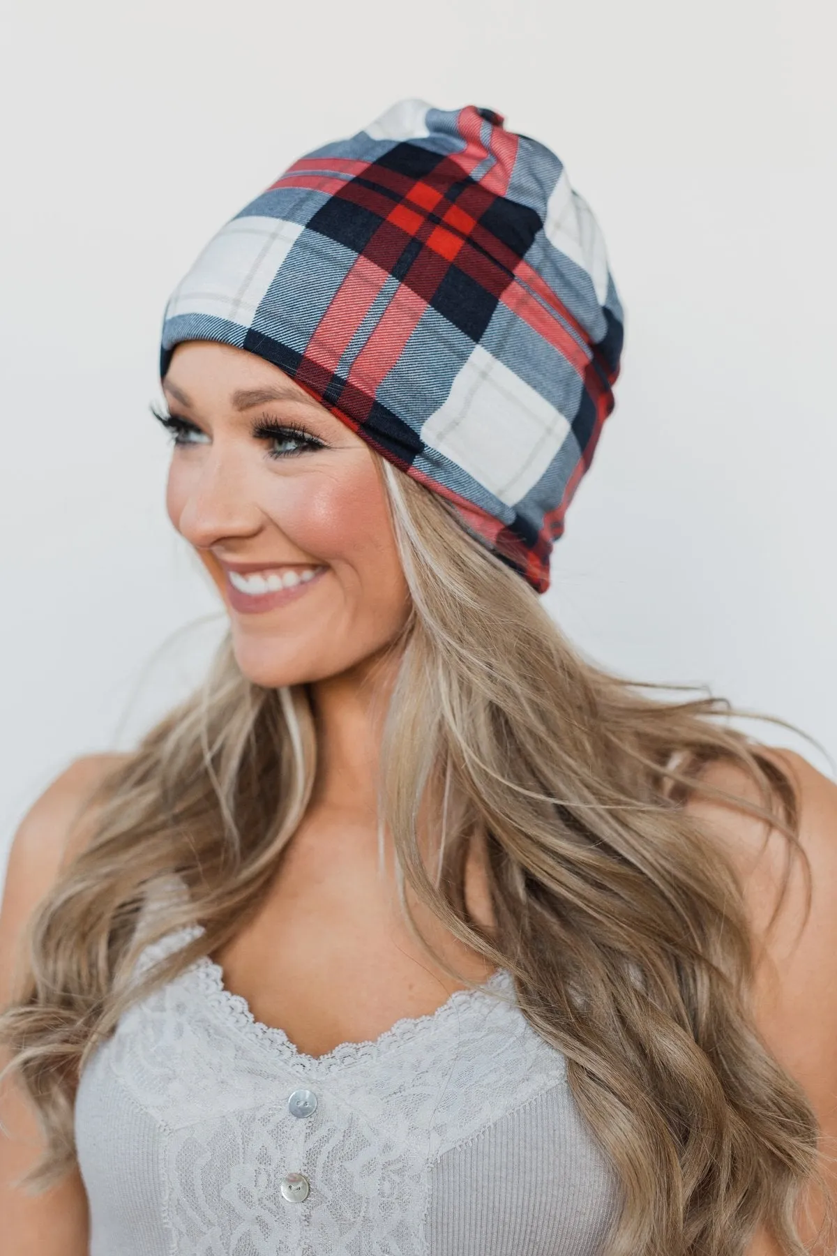 Peek-a-Boo Plaid Beanie- Red & Blue