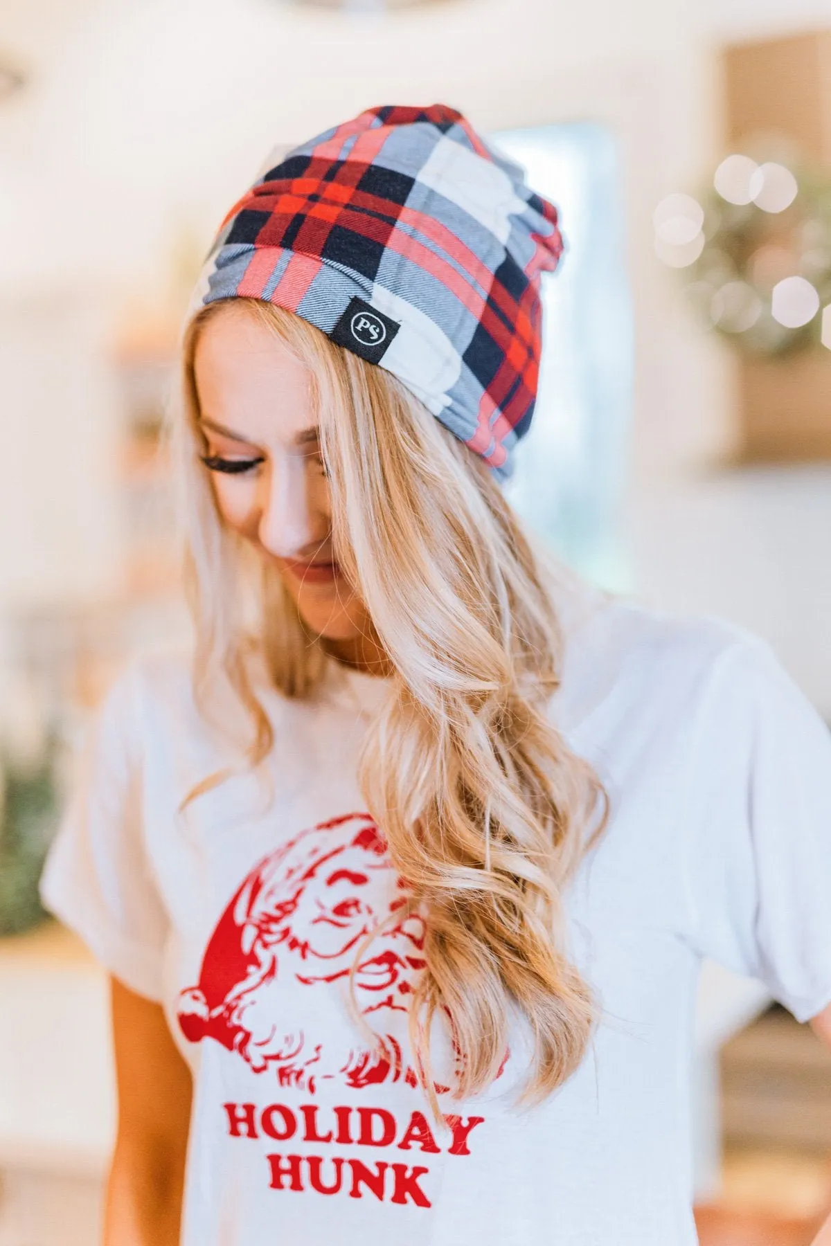 Peek-a-Boo Plaid Beanie- Red & Blue