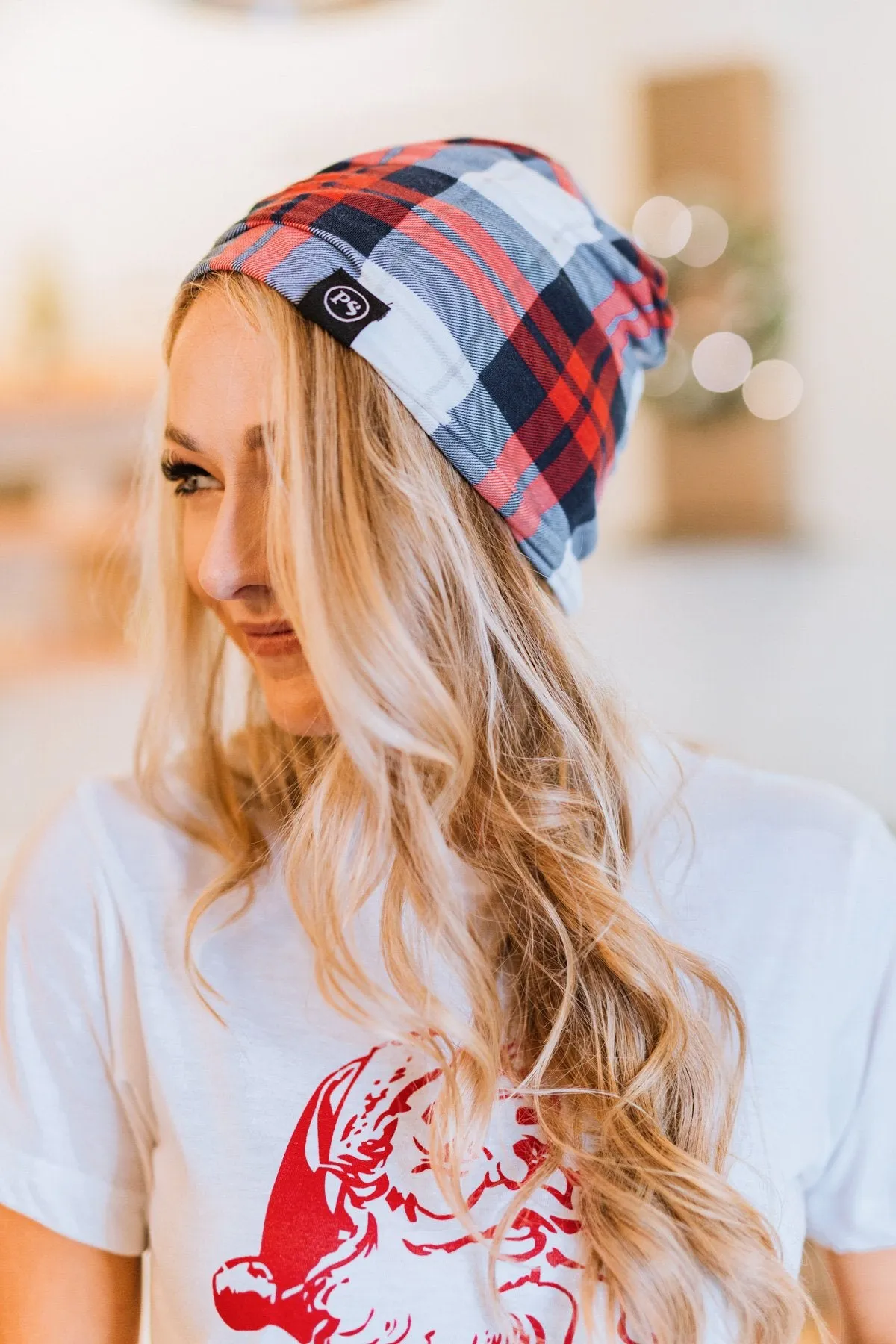 Peek-a-Boo Plaid Beanie- Red & Blue