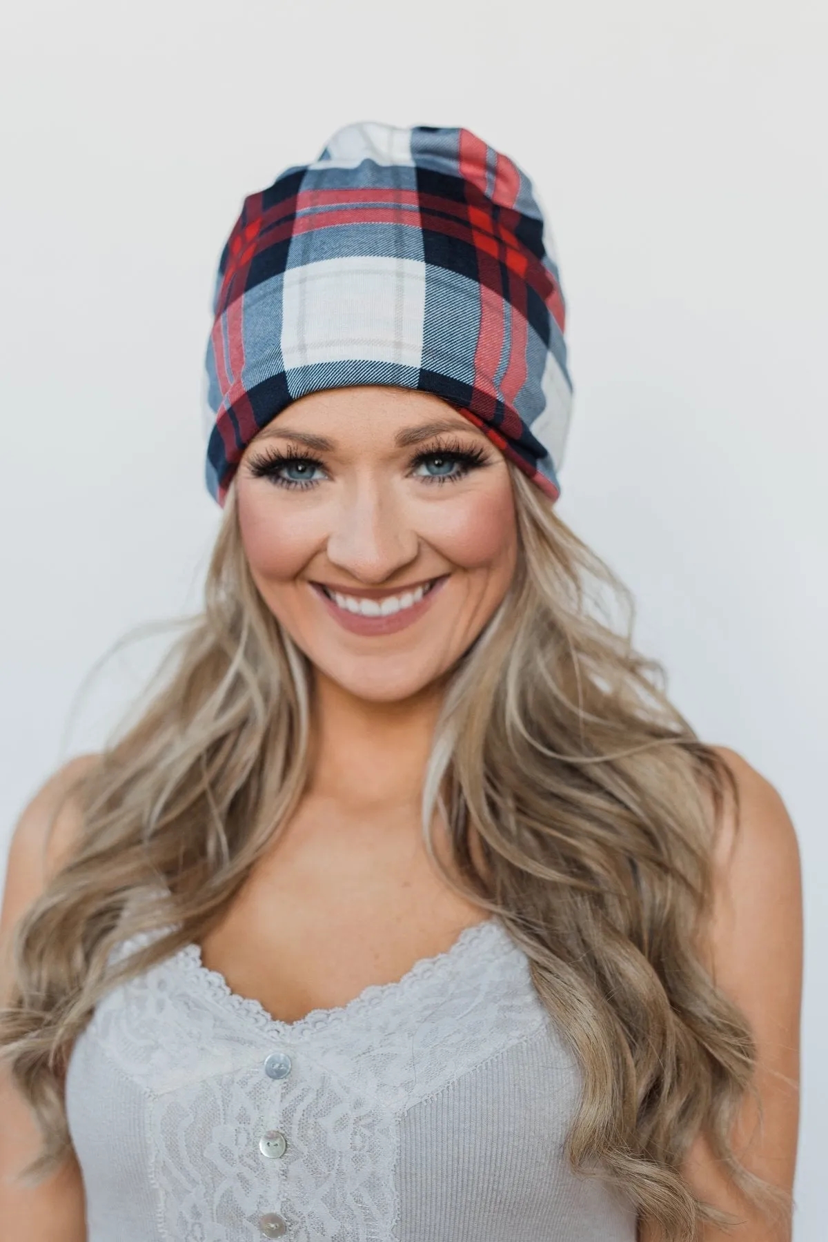 Peek-a-Boo Plaid Beanie- Red & Blue