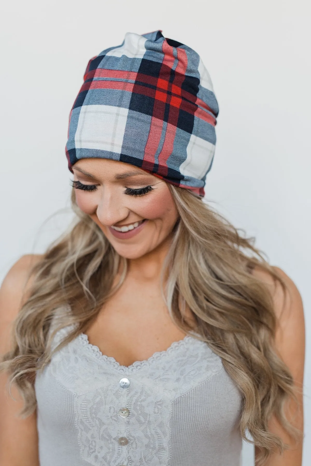 Peek-a-Boo Plaid Beanie- Red & Blue