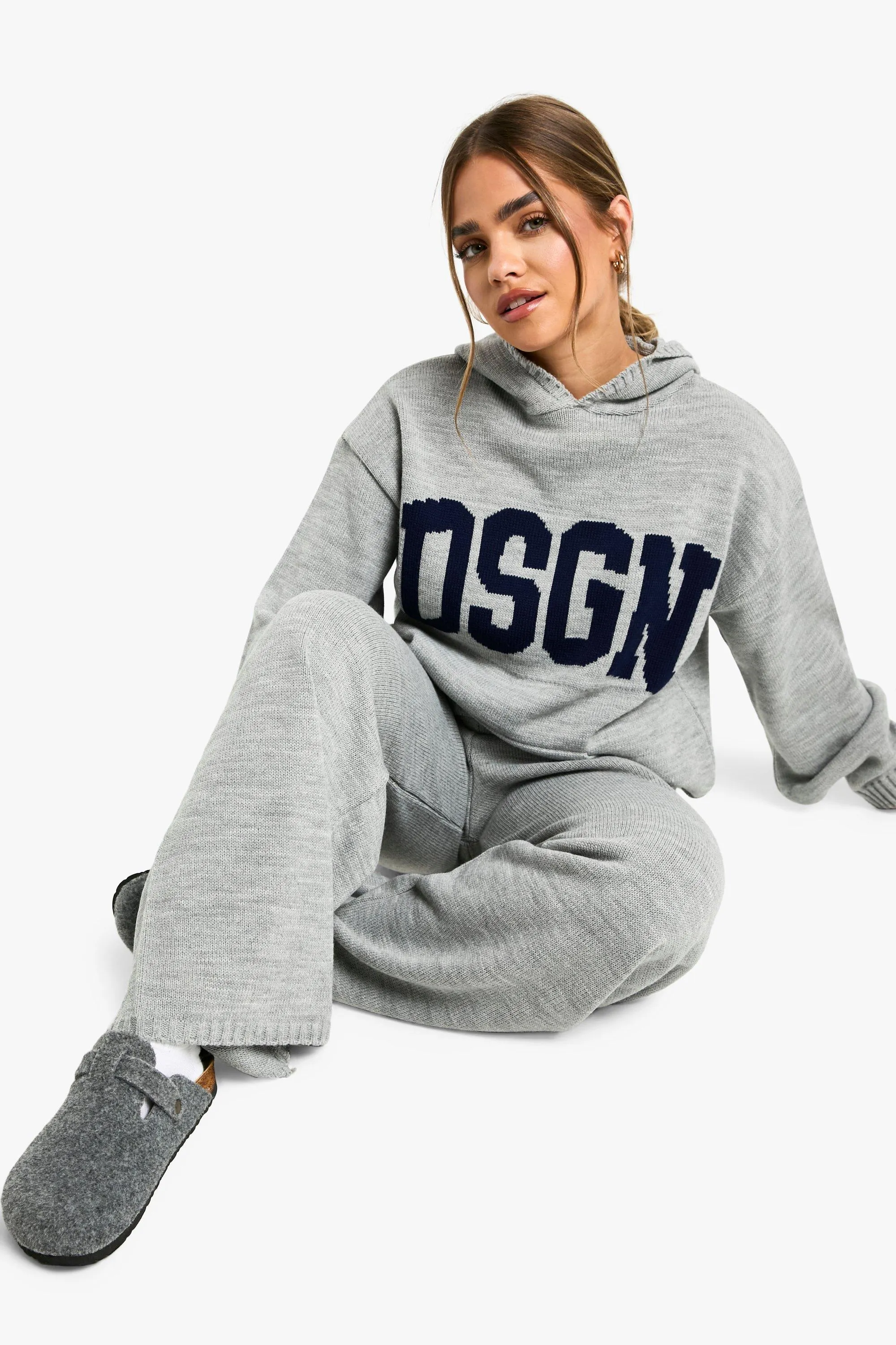 Petite Dsgn Knitted Contrast Hoodie And Wide Leg Pants Two-Piece