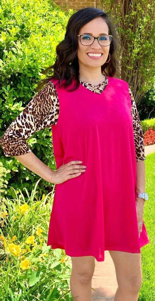 Pink Flutter Tunic Dress with Leopard Sleeves & Criss Cross Neck