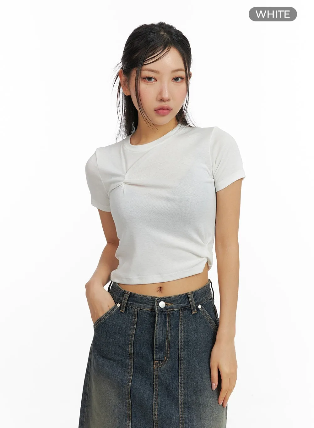 Round Neck Asymmetrical Hem Short Sleeve Tee CM408