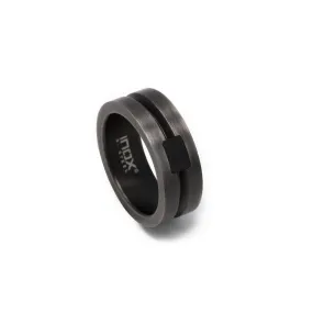 Stainless St Black IP Ring w Deep Line