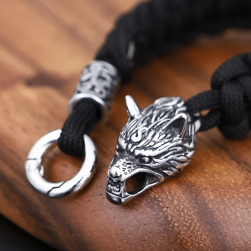 Stainless Steel Celtic Viking Wolf Lanyard Paracord Bracelet