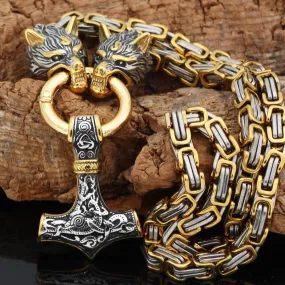 Stainless Steel Two-Tone Nordic Viking Wolf MJOLNIR Necklace